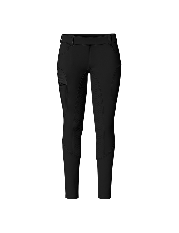 A pair of black equestrian leggings with a full-seat silicone grip, designed for comfort and mobility while riding.
