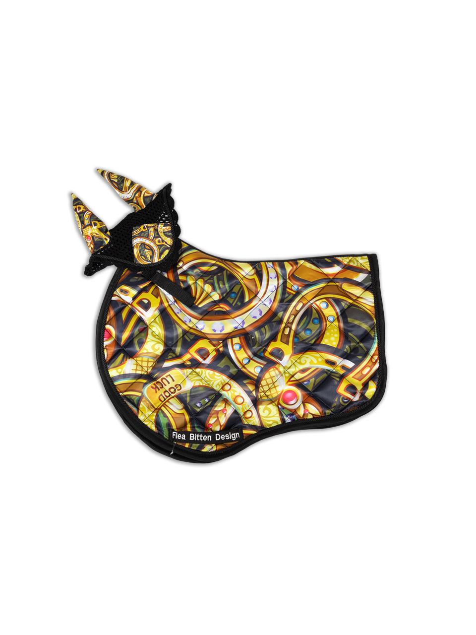 Golden Horse Shoe Saddle Pad & Ear Bonnet
