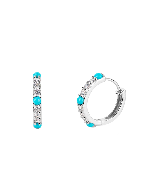 Enhance your style with these beautiful hoop earrings. Featuring 6 round 3mm cubic zirconia stones and 3 vibrant 4mm cabochon sleeping beauty stones, these earrings would pair perfectly with a casual jeans or an elegant dress. With their size of 3/4 of an inch and bold color making them a versatile and captivating addition to any wardrobe. 

Features:

Crafted from high-quality sterling silver
3 cabochon 4 mm sleeping beauty stones 
6 round 3 mm clear cubic zirconia stones
Hoop diameter: 0.75 inches 