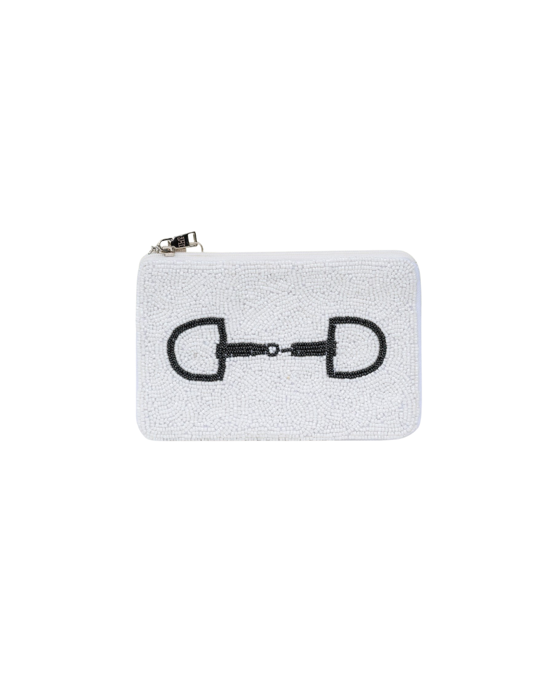 White pouch with black horse bit design on a white background