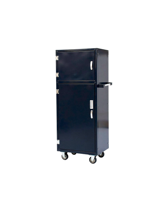 A mobile tack box with a black textured finish, featuring a large handle, two doors with hooks and a wheeled base, set against a white background.