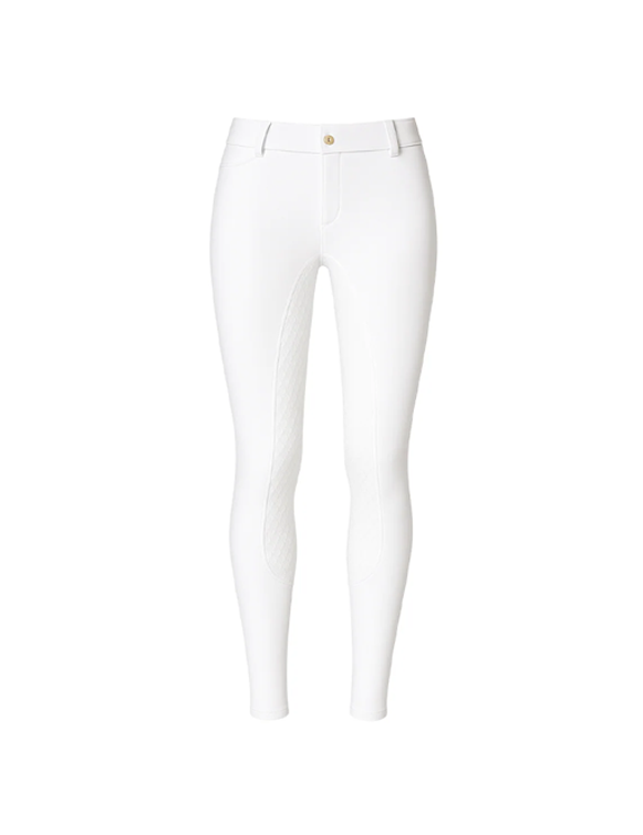 White equestrian leggings with a full-seat silicone grip, deep side pocket, and a high waist.