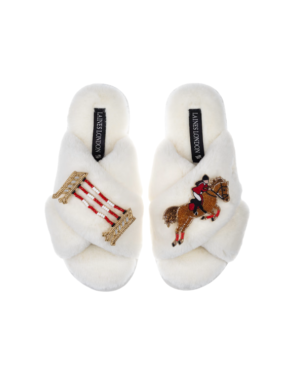 Classic Laines Slippers With Show Jump Horse Brooches