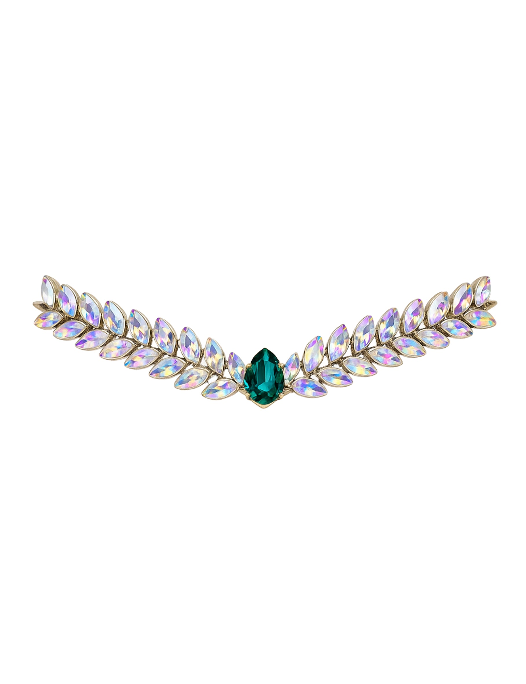 A browband featuring a teardrop jade centerpiece and rainbow-white crystals on a white background.