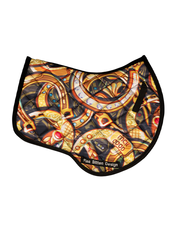 A satin finish saddle pad with a geometric pattern featuring gold and black colors, designed for equestrian use.