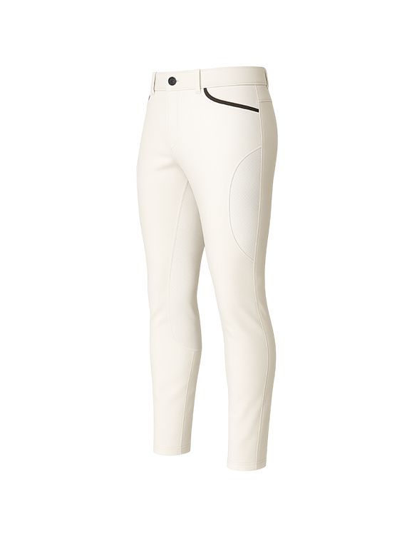 White riding breeches with green and black trim on the pockets, designed for equestrian activities.