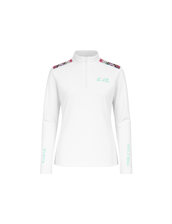 A white unisex quarter-zip riding shirt with gray accents and a patterned design around the neck and sleeves.